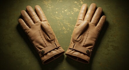 Elegant leather driving gloves on a textured olive green surface backdrop