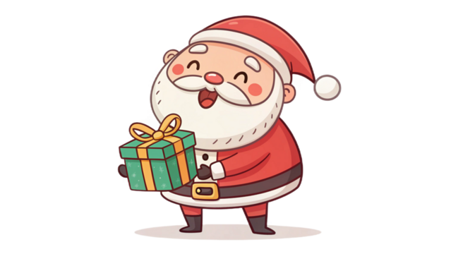 "Cute Santa Claus cartoon vector, big smile, round belly, holding a gift box, bold clean outlines, bright festive colors, isolated on transparent background"