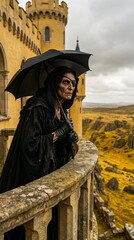 A witch with an eyepatch and a contemplative mood holding an umbrella while standing on the balcony of her yellow castle and looking into the distance, illustration for The Wonderful Wizard of Oz (190