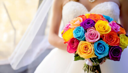 Braut mit Brautstrauss aus Regenbogenfarbenen Rosen 
