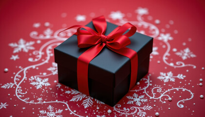 Black gift box with red ribbon bow on red surface decorated with white snowflake patterns and small pearls, festive and elegant