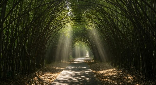 A mysterious path winds through a green bamboo forest tunnel as magical sun rays filter through the dense canopy