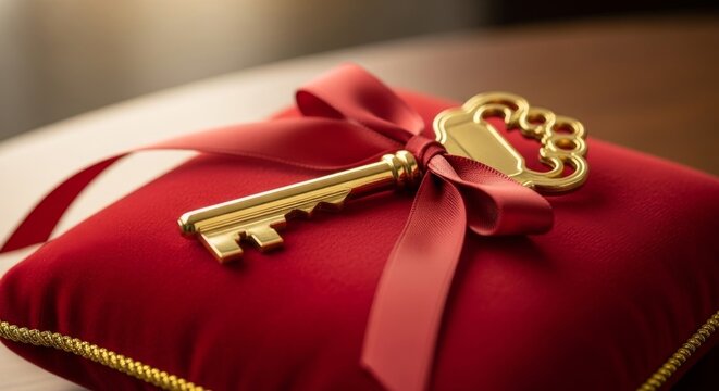 Golden Key on Red Cushion Symbol of Opportunity, Success, and Achievement