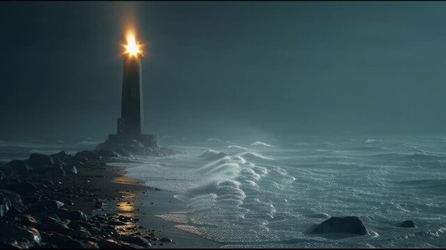 Lonely Lighthouse Rocky Shore Crashing Waves