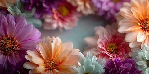 Obraz premium Colorful dahlia flowers framing a soft blue background