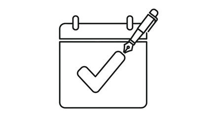 Line art illustration depicts a calendar page with a pen and check mark
