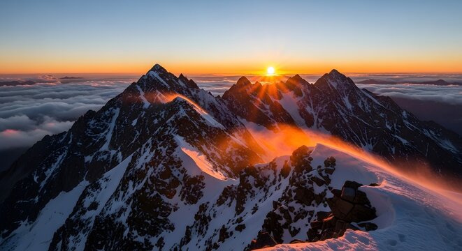 Golden sunrise over a snow-capped mountain range, with clouds and mist swirling around the peaks
