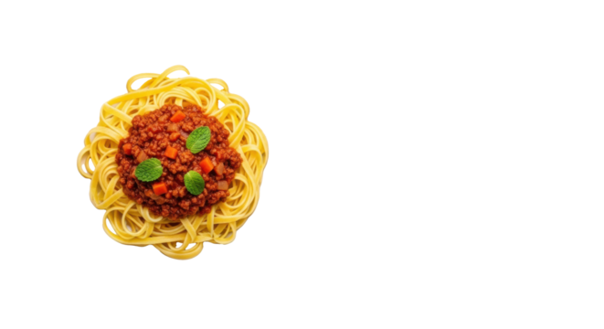 Flat lay of al dente fettuccine pasta with rich bolognese meat sauce and fresh mint leaves on a white ceramic plate against a clean transparent background, concept for premium Italian food