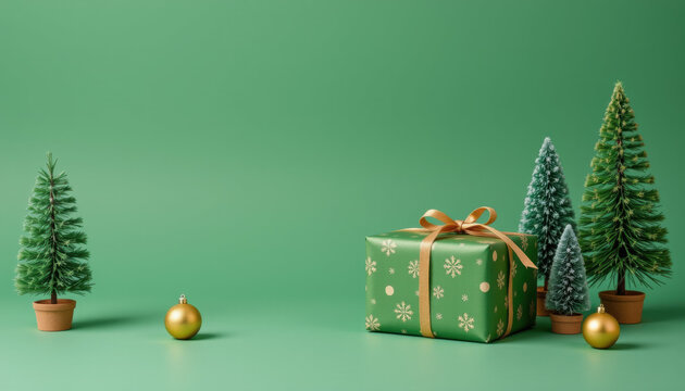 Green Christmas gift box with golden ribbon and small pine trees with golden baubles on green background