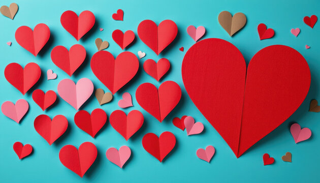 Red paper hearts collage on blue background expressing love and affection with various sizes and colors
