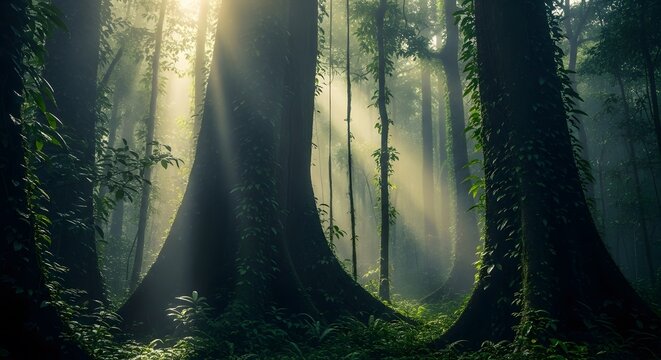 Ethereal morning light filters through the dense canopy of a mysterious and ancient tropical rainforest