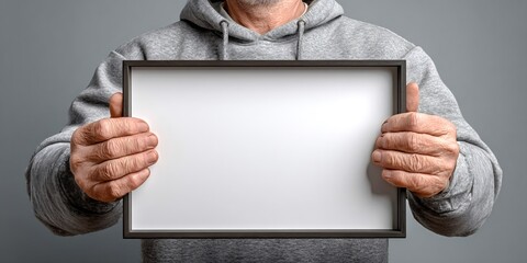 Senior man holding blank horizontal poster frame