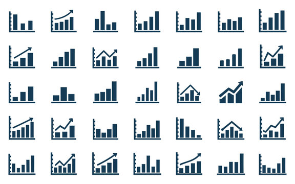 Collection of dark blue bar chart icons showing growth and decline graph data