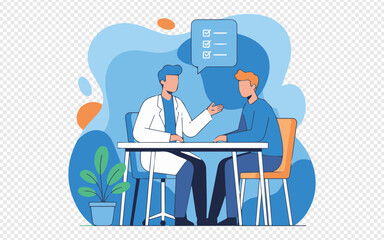 Doctor consulting patient with checklist in modern office setting, offering wellness and healthcare solutions for improved health and well being today