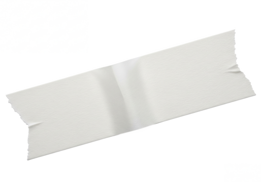 A single piece of torn white adhesive tape with slightly frayed edges isolated on transparent background