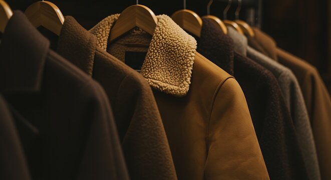Elegant wardrobe rack filled with beautiful warm coats and jackets