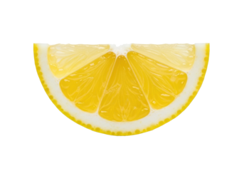 A perfectly wedge-shaped slice of ripe lemon, vibrant yellow textured peel, glistening juicy pulp, isolated on transparent with soft shadow, concept of fresh healthy citrus vitality