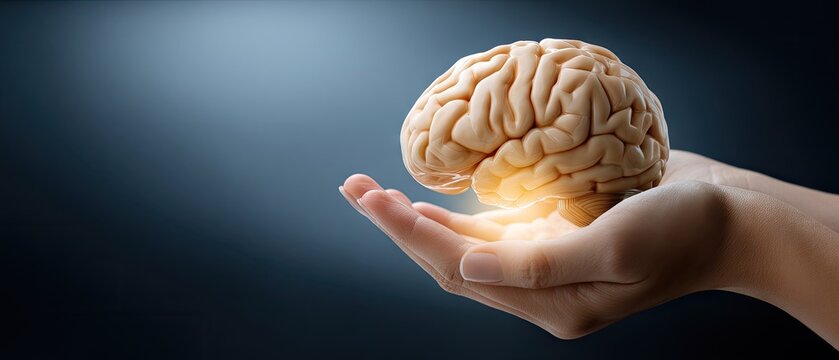 Hand holding a glowing brain hologram representing artificial intelligence and technology on a dark blue background with space for text
