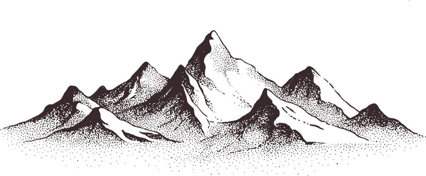 Black and white dotwork mountain range illustration