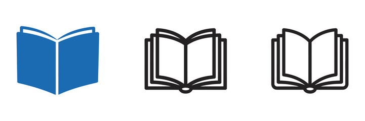 open book icons set featuring simple line art illustrations, modern flat style graphics,