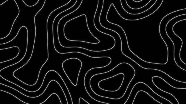 Abstract flowing topographic contour lines on black background with alpha channel. Seamless loop terrain map elevation pattern