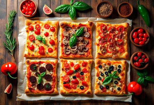 Square pizza flat lay with assorted toppings on rustic wooden table
