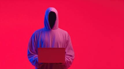 Dark figure in hoodie holds laptop against vibrant red backdrop,