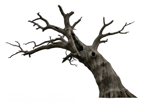 A gnarled and ancient dead oak tree with twisted branches and textured bark isolated on transparent background