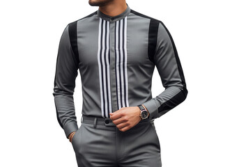 Man in grey suit with striped shirt isolated on transparent background