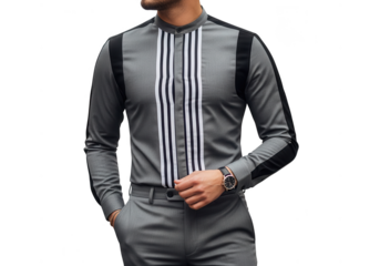 Man in grey suit with striped shirt isolated on transparent background