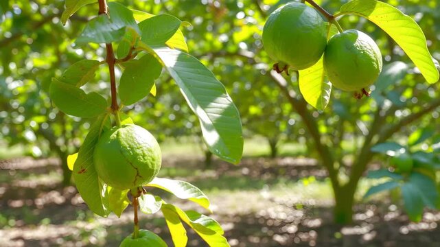 Fresh green guava fruits hanging on tree branch with sunlit leaves and bokeh background orchard 4K Ai HD high quality video.

