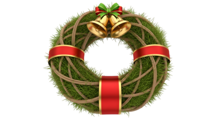 Festive christmas wreath with golden bells and red ribbon decor