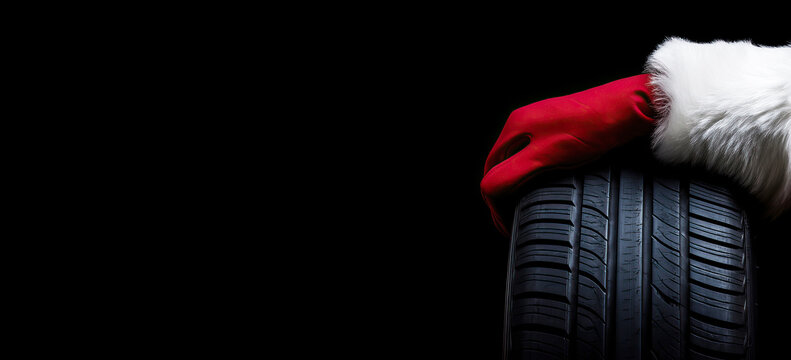 Banner Tire service and the hands of a mechanic dressed as Santa holding a new tire, against a black background with space for text - Powered by Adobe