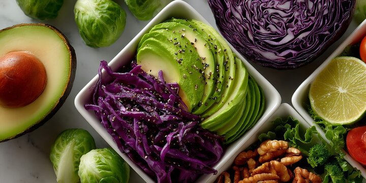 Healthy eating ingredients with fresh sliced avocado and red cabbage