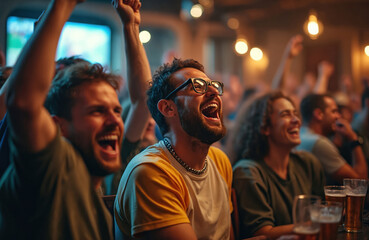 Obraz premium Group of friends celebrate sports game victory with excitement. Joyful fans cheer and laugh with hands up. People enjoy friendly atmosphere and beer indoors in the bar.