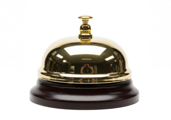 Classic brass service bell with a polished golden dome and dark wooden base isolated on transparent background