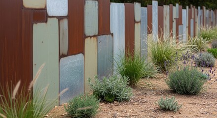 Rustic metal fence and garden plants. Landscape design with weathered metal panels and drought tolerant plants. Sustainable landscaping concept.