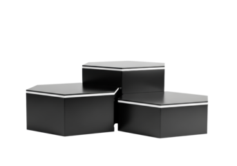 Three stepped hexagonal pedestals of polished black material, crisp edges, varying height, on a bright white studio background, copy space, soft diffuse lighting. Concept of modern minimalist