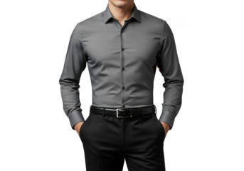 Man wearing a patterned grey dress shirt isolated on transparent background