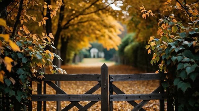 A rustic wooden gate partially hidden among lush greenery, perfect for use in nature-inspired or rural-themed designs
