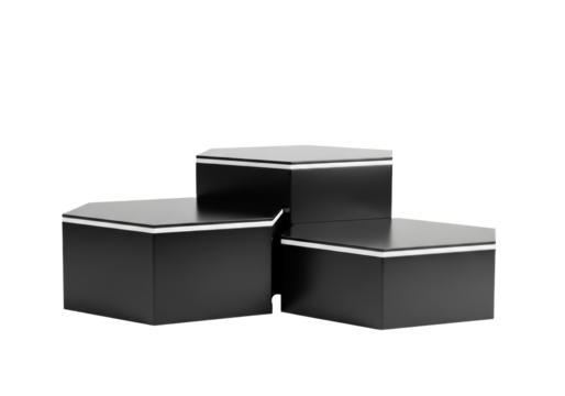 Three stepped hexagonal pedestals of polished black material, crisp edges, varying height, on a bright white studio background, copy space, soft diffuse lighting. Concept of modern minimalist