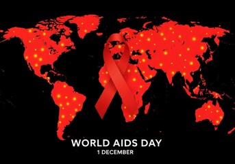 World aids day awareness with red ribbon and world map on black background to promote the fight against hiv and aids on december 1st
