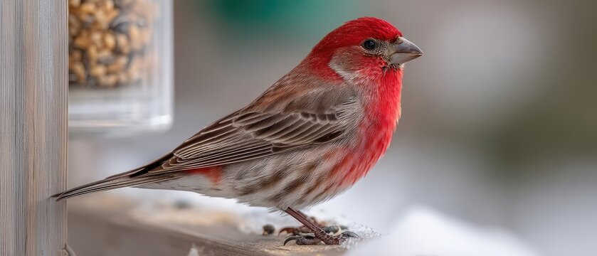 House finch enjoys sunflower seeds at bird feeding station in winter garden under a dark sky and sunny snow-covered roof