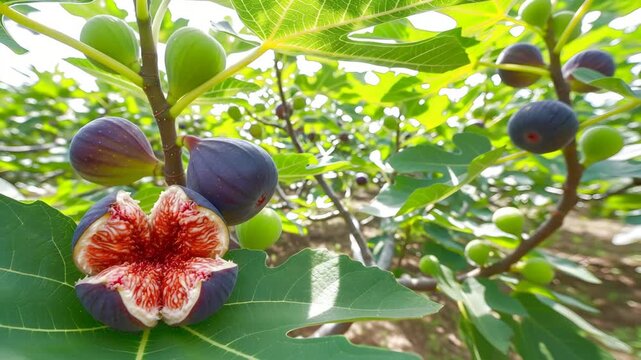 Ripe purple fig fruit split open revealing juicy red interior on branch with green leaves 4K Ai HD high quality video.
