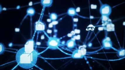 Abstract digital network of glowing blue nodes and connecting lines with file icons , Abstract digital network with glowing blue nodes and file icons, Futuristic cloud data transfer across . - Powered by Adobe