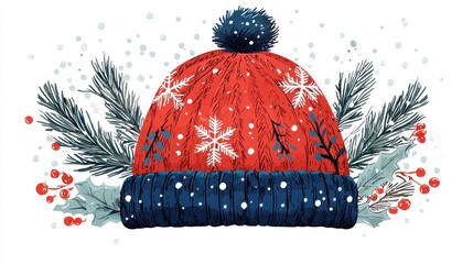 Red winter hat, snowflakes, fir branches, festive background, winter accessory, holiday illustration, use for greeting card, social media post