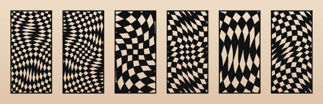 Vector set of unusual laser cut panels. Stencils with abstract geometric pattern, distorted checkered grid, groovy shapes. Decorative template for CNC cutting of wood, paper, metal. Aspect ratio 1:2
