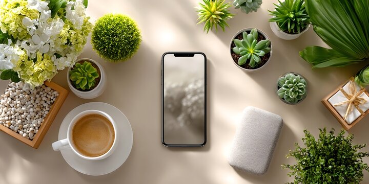 Flat lay composition with smartphone coffee and plants