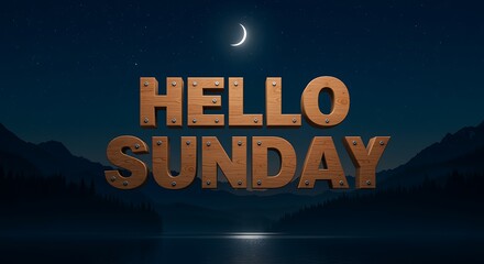 Hello Sunday wooden text with screws on peaceful starry night background