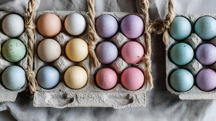Beautiful flat lay of pastel colored egg cartons featuring handwritten farm codes set against a linen backdrop with soft daylight.